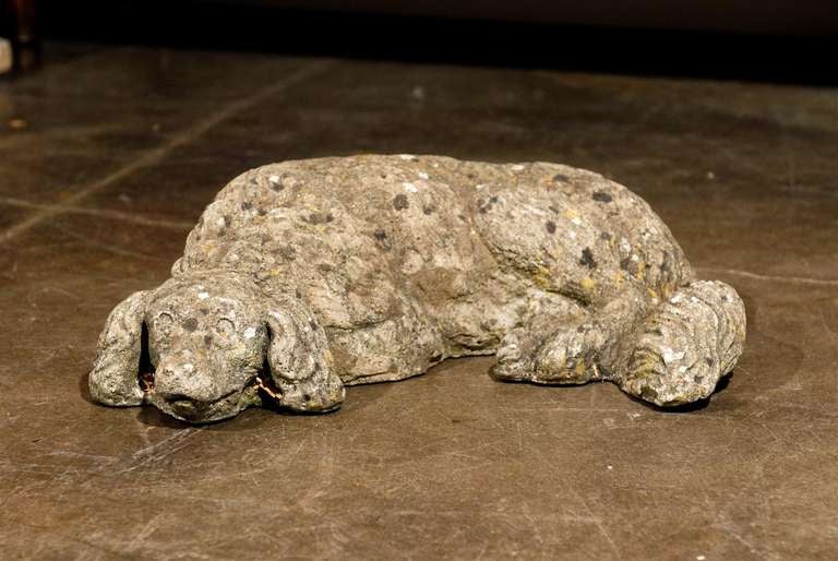 French Reclining Cast Stone Dog with Weathered Appearance from the 1930s In Good Condition In Atlanta, GA