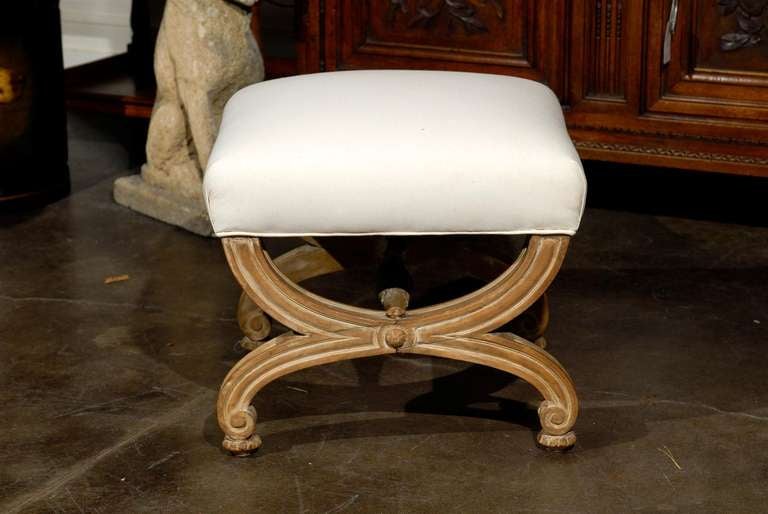 Mid-Century Modern French Mid-20th Century X-Frame Stool with Upholstered Seat and Faded Wood