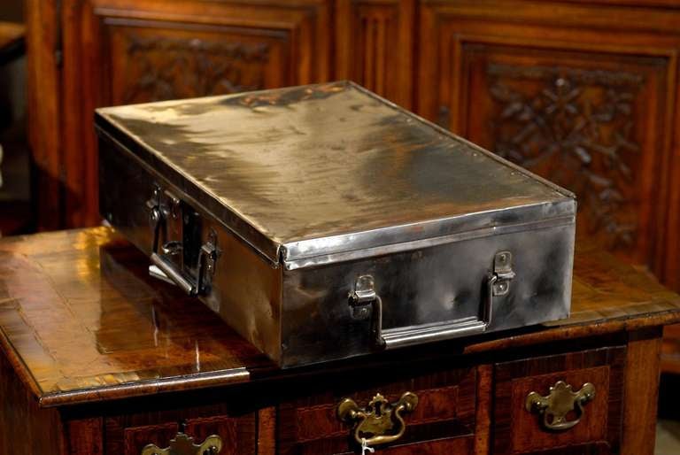 19th Century English Burnished Steel Trunk or Box with Handles from the Turn of the Century