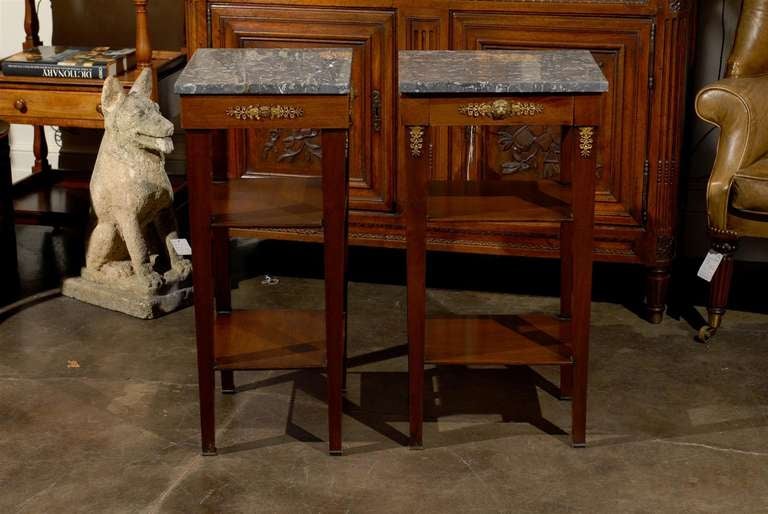 19th Century Pair of French Empire Style Tables with Marble Tops, Single Drawer and Shelves
