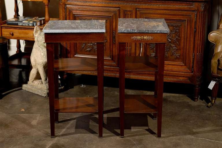 Pair of French Empire Style Tables with Marble Tops, Single Drawer and Shelves 1
