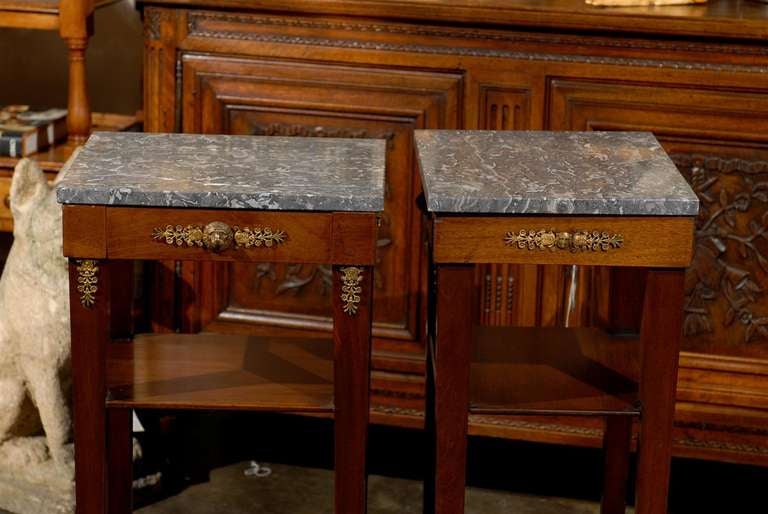 Pair of French Empire Style Tables with Marble Tops, Single Drawer and Shelves 3