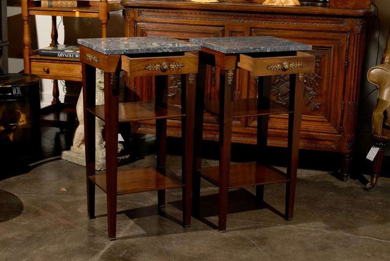 Bronze Pair of French Empire Style Tables with Marble Tops, Single Drawer and Shelves