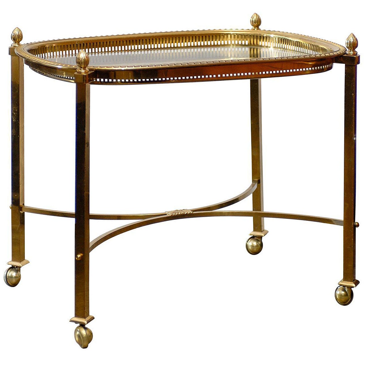 Vintage French Brass and Glass Top Side Table with Half Moon Stretcher