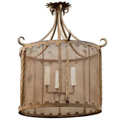 French Iron Drum Three-Light Fixture with Screen Surround from the 1930s