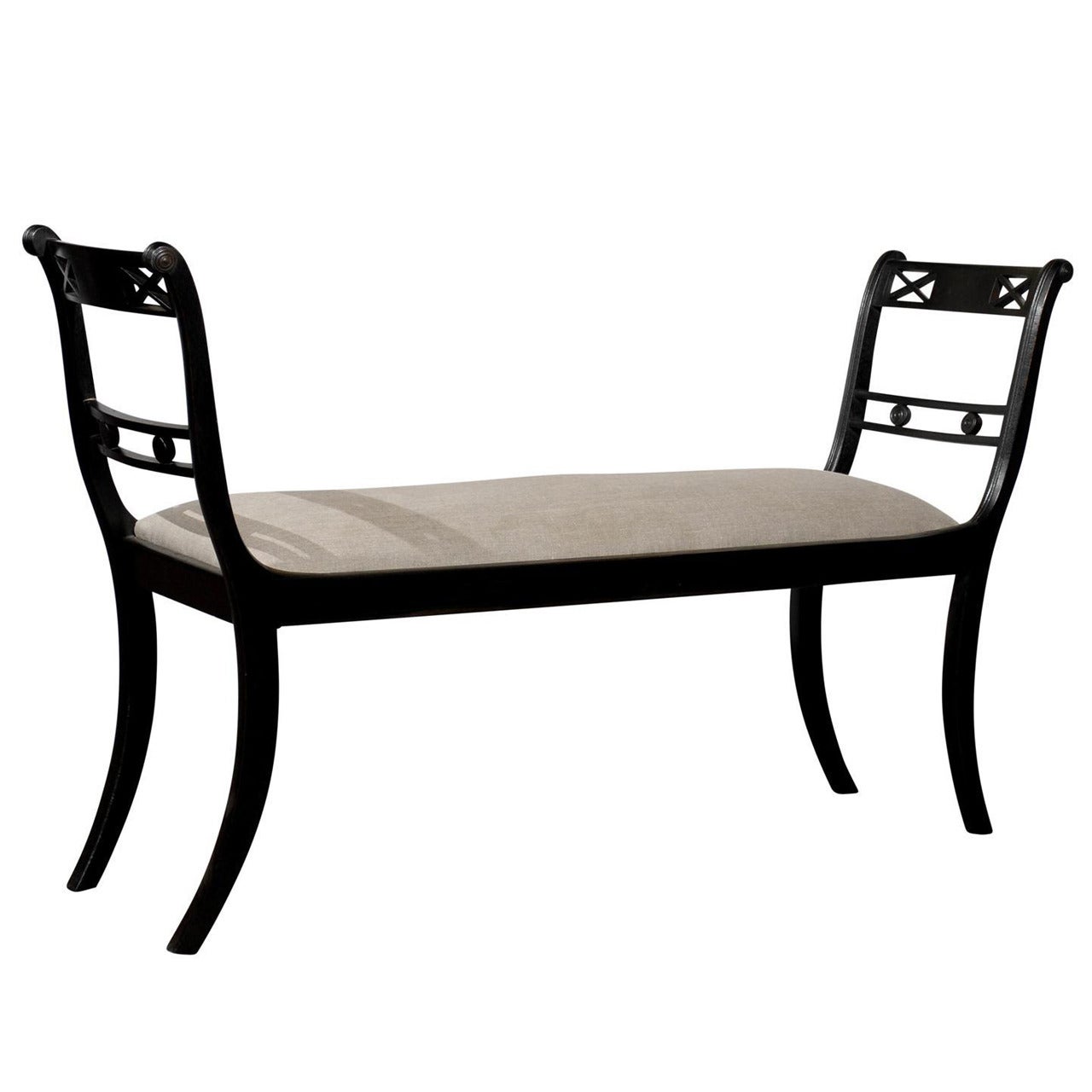 English Empire Style Ebonized Sleigh Bench with Upholstered Seat, circa 1900