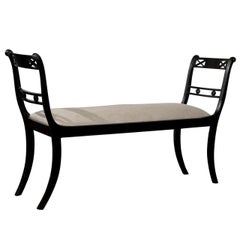 Antique English Empire Style Ebonized Sleigh Bench with Upholstered Seat, circa 1900