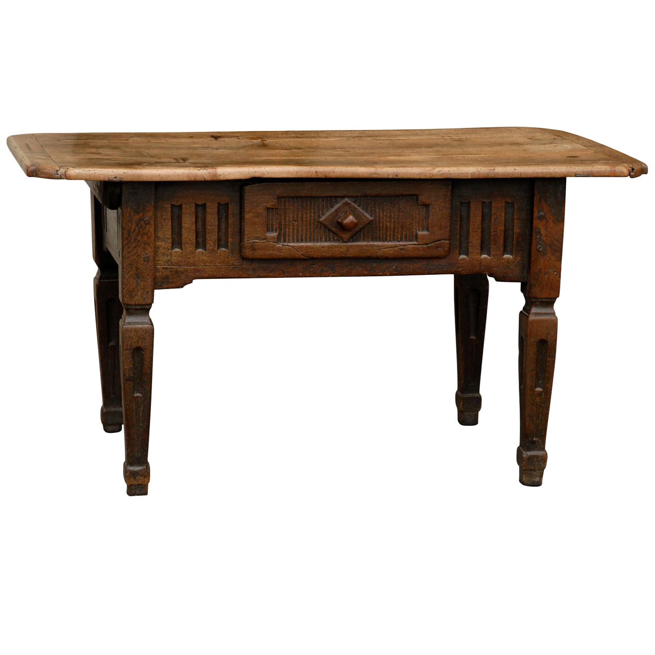 Italian Country Table with Single Drawer, Carved Apron, Tapered Legs, circa 1800 For Sale