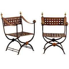 Pair of Italian Campaign Savonarola Chairs with Woven Leather Seats, circa 1960 1