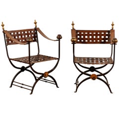 Pair of Italian Campaign Savonarola Chairs with Woven Leather Seats, circa 1960