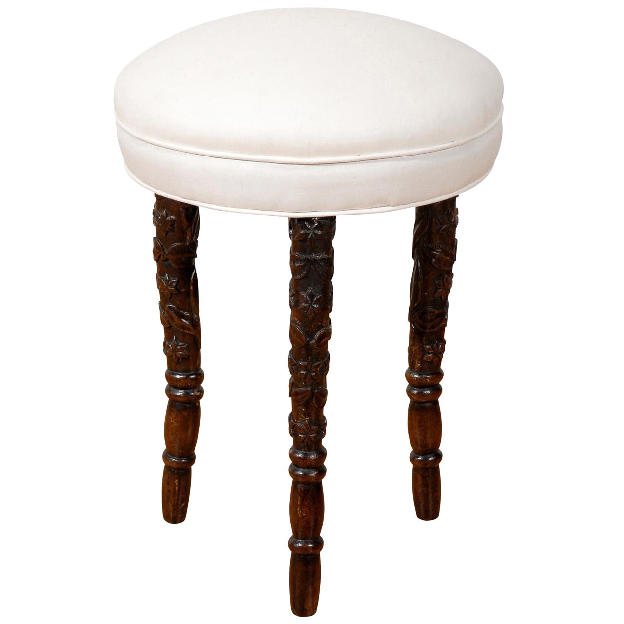 Black Forest German 1880s Single Stool with Upholstered Seat and Carved Legs