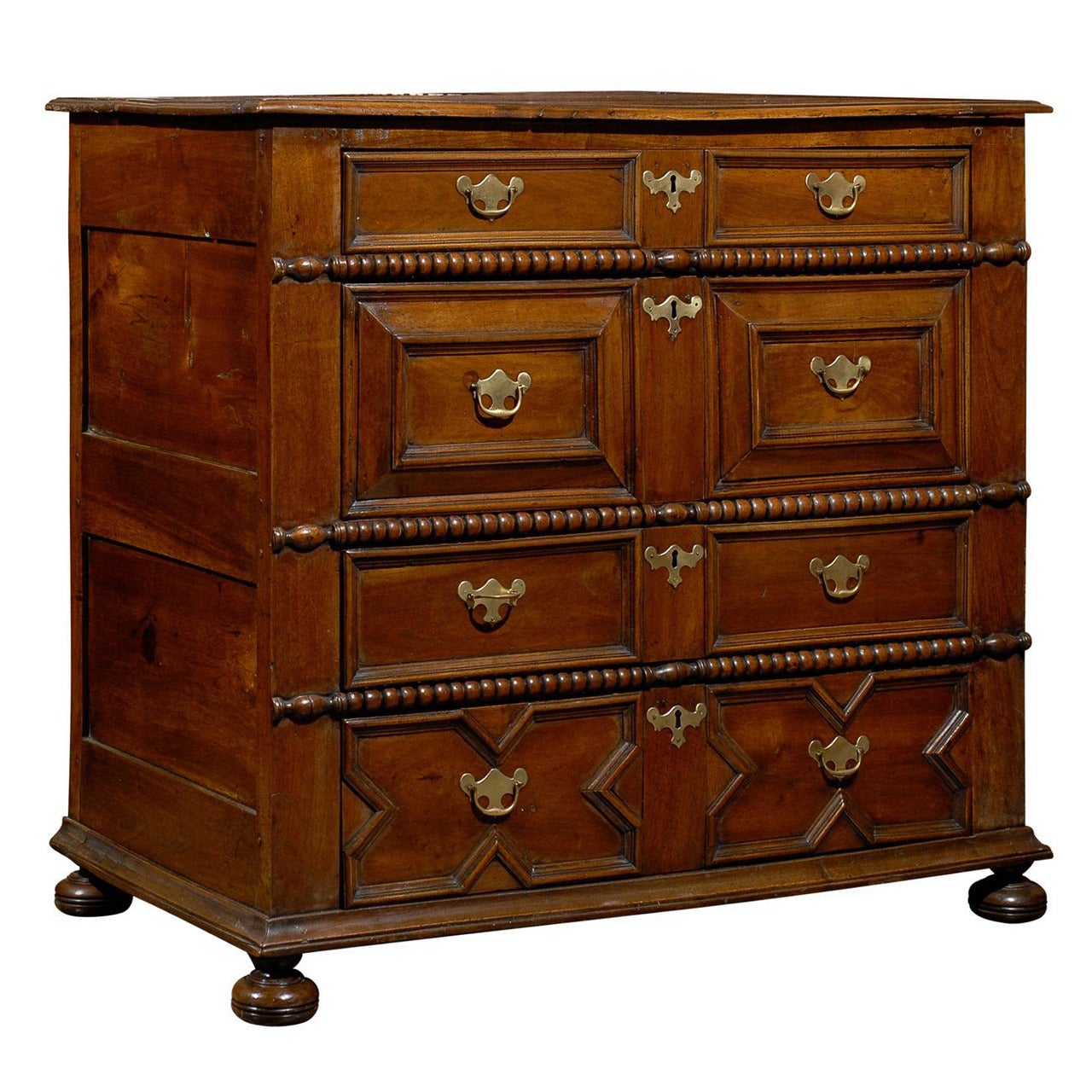 English Walnut Early 19th Century Five-Drawer Chest with Geometric Front