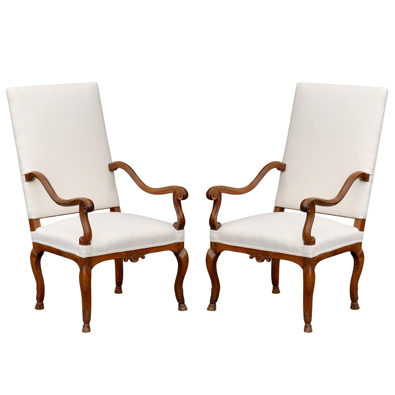 Pair of French Walnut Régence Style Upholstered Armchairs, circa 1820 For Sale