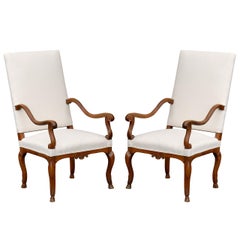 Antique Pair of French Walnut Régence Style Upholstered Armchairs, circa 1820
