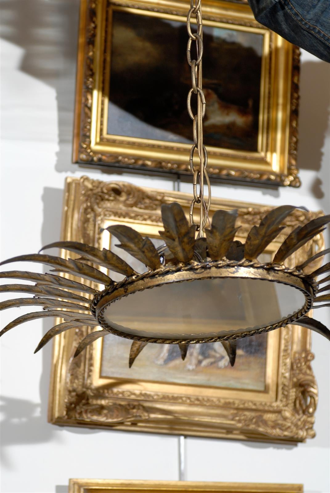 Mid-Century Modern Spanish Vintage Gilt Metal Crown Shaped Light Fixture with Frosted Glass