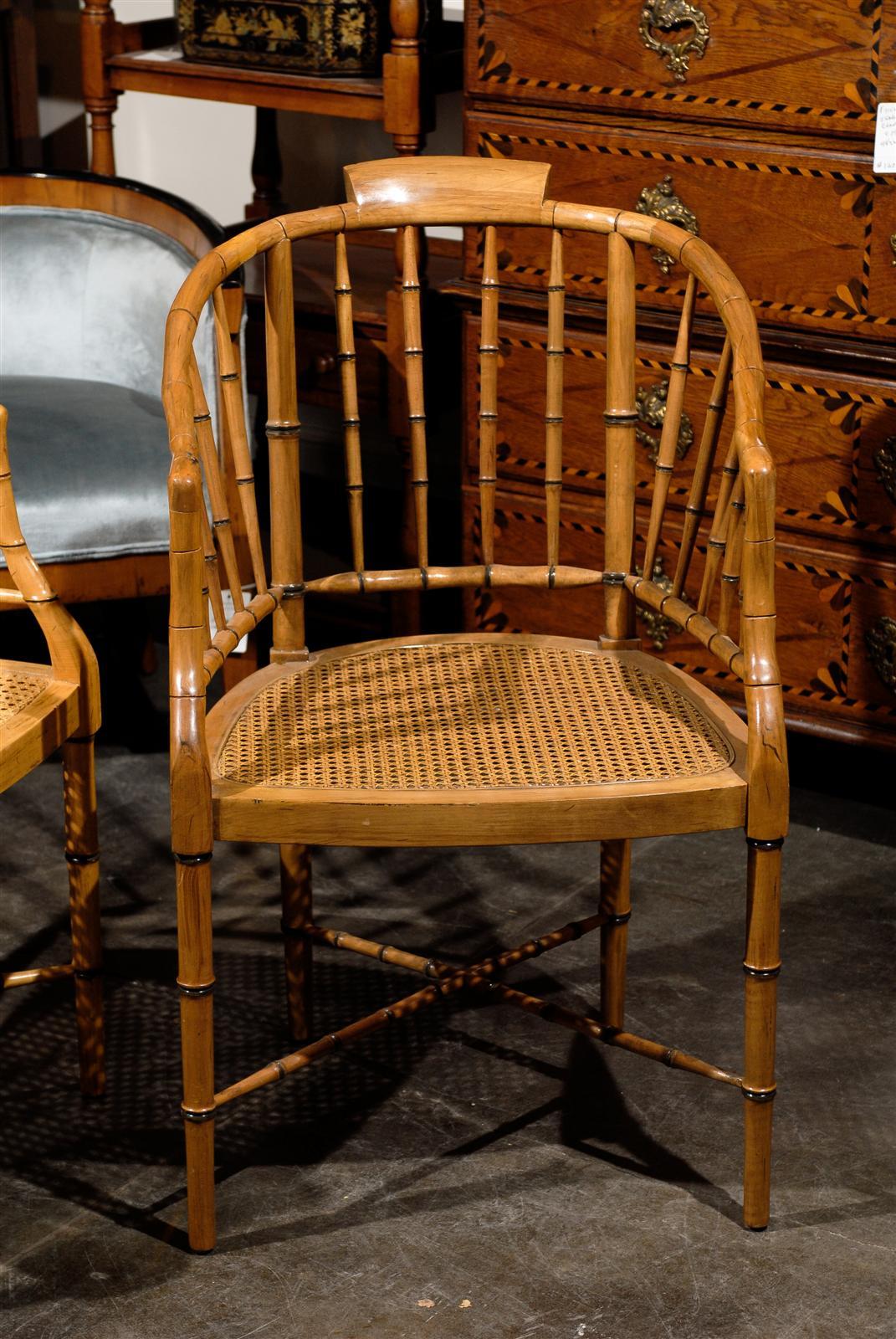 Two Vintage Faux Bamboo Tub Armchairs by Baker Furniture In Good Condition In Atlanta, GA