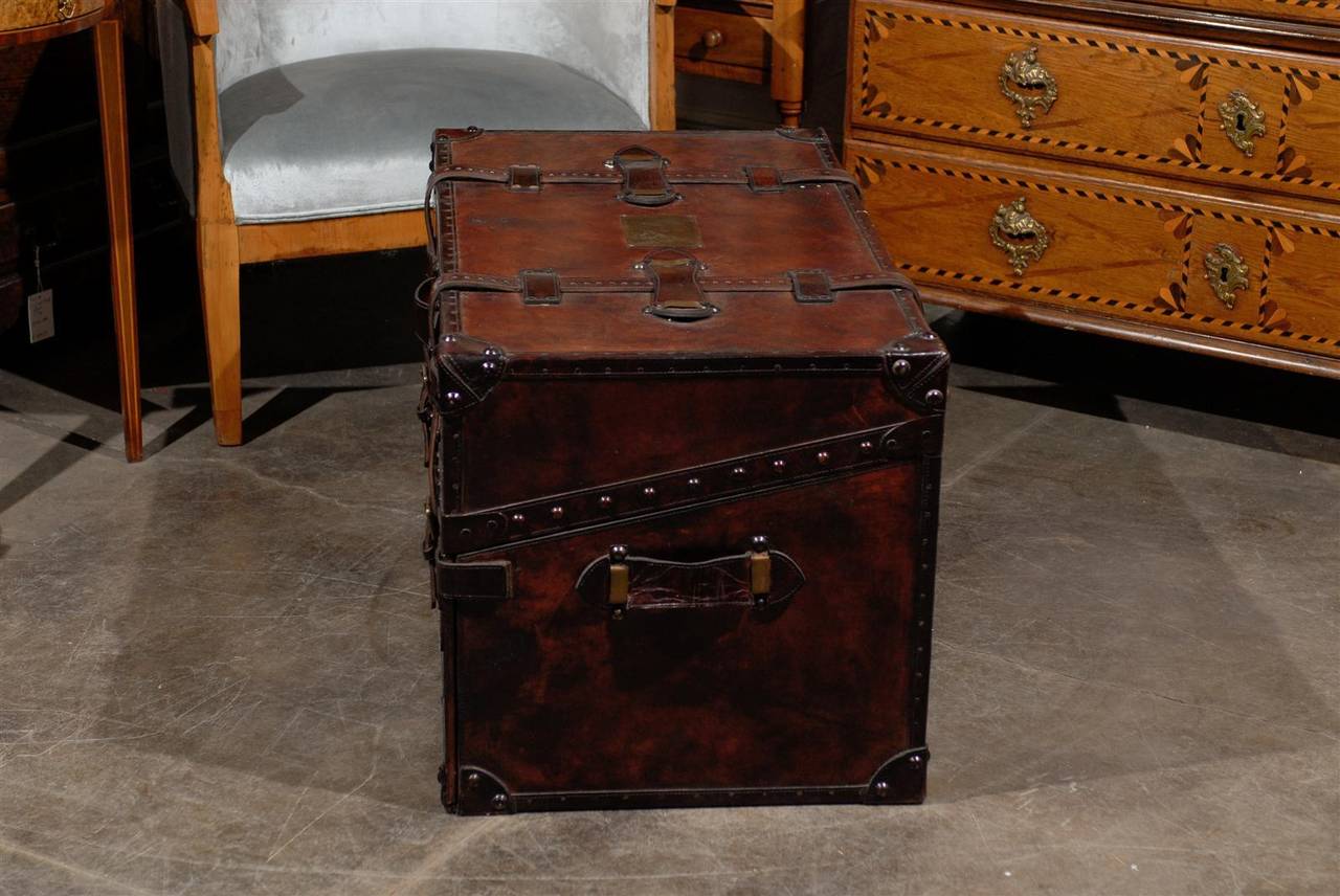 Mid-Century Modern English Mid-Century Leather Trunk with Lift Top and Two Hidden Drawers