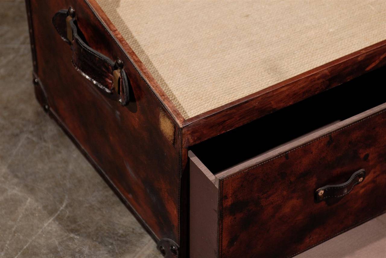 20th Century English Mid-Century Leather Trunk with Lift Top and Two Hidden Drawers