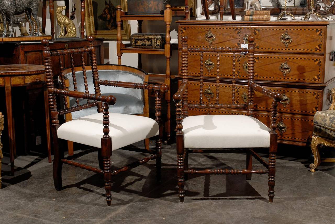 French bobbin chairs with upholstered seats. Three available.