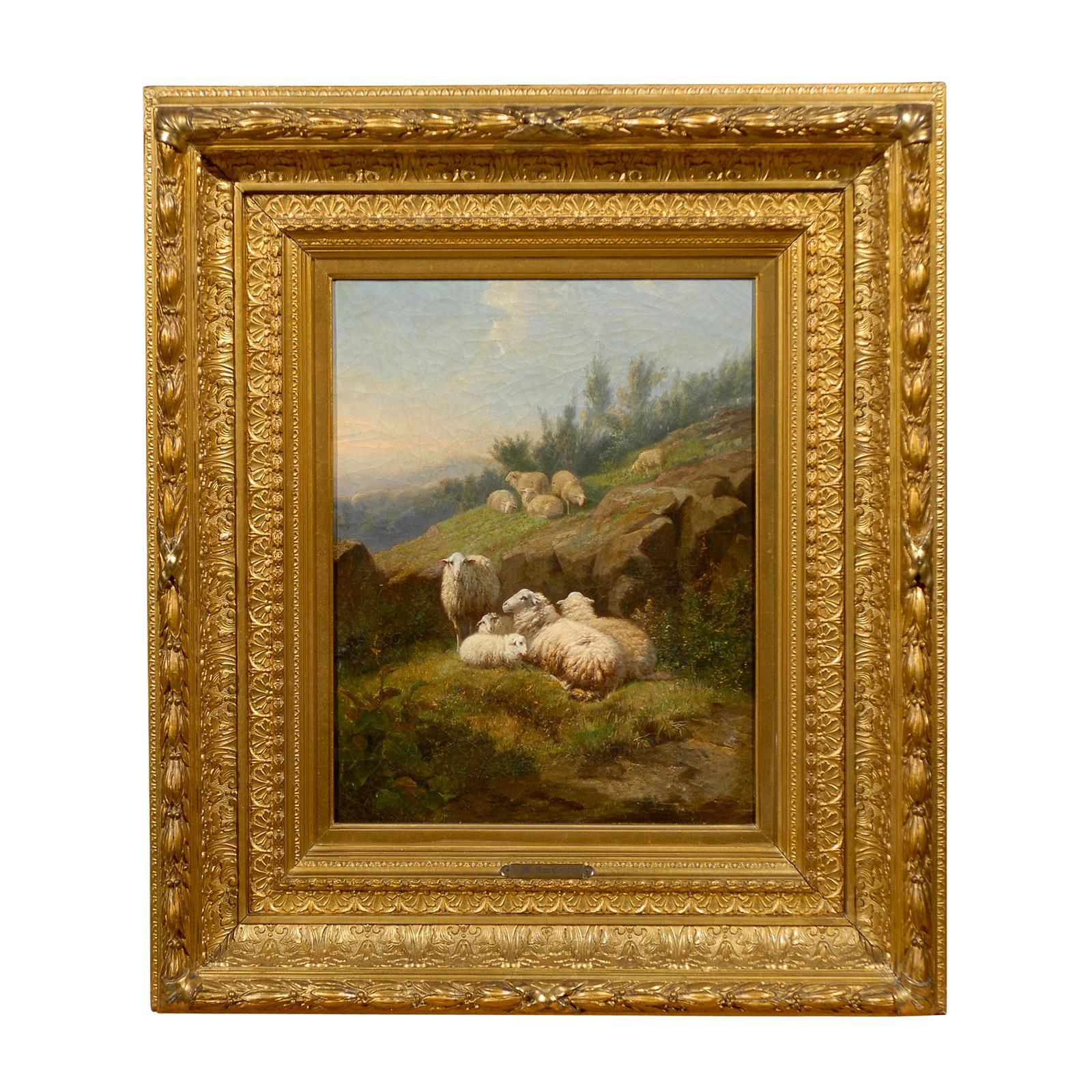 Dutch 1860s Sheep in Fields Oil on Canvas Painting Signed by Karel van Contich For Sale