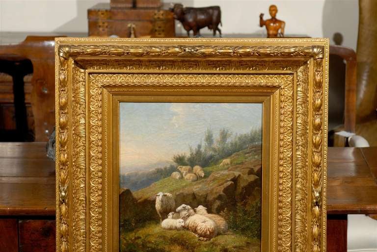 Holandés 1860s Ovejas en los campos Óleo sobre lienzo Pintura firmada por Karel van Contich en venta 2