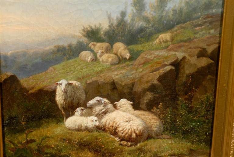 Holandés 1860s Ovejas en los campos Óleo sobre lienzo Pintura firmada por Karel van Contich en venta 5