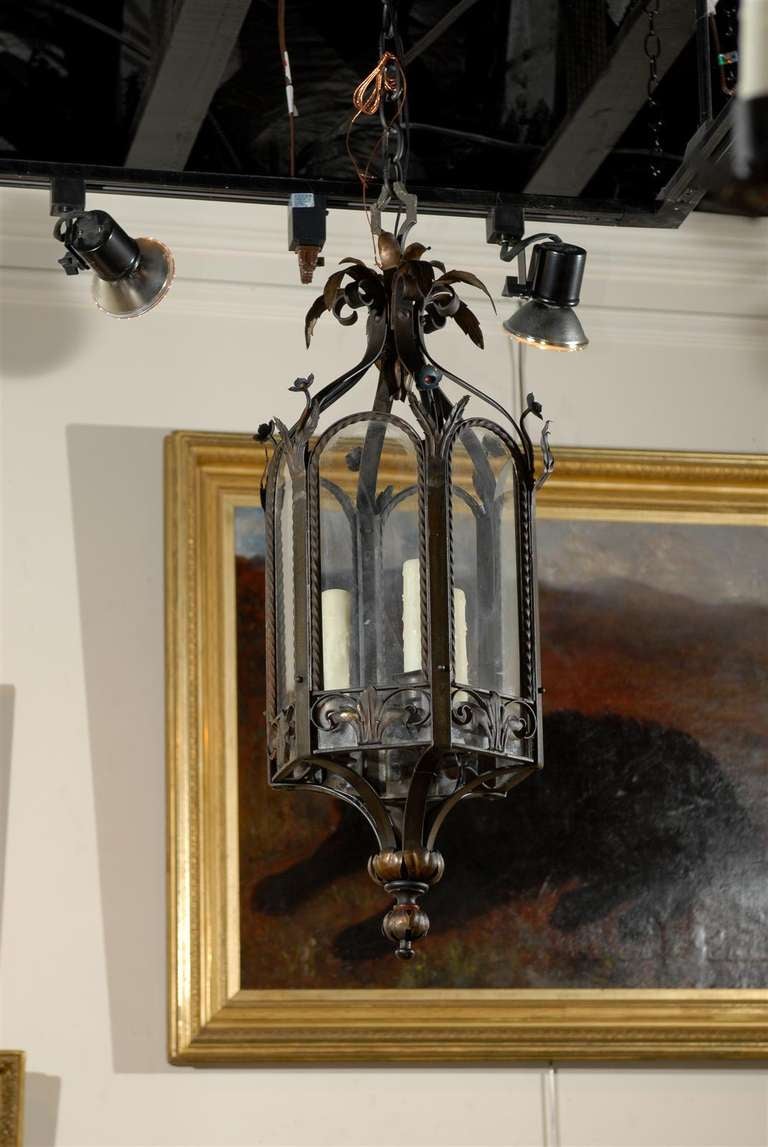 Turn of the Century French Iron Three-Light Lantern with Hexagonal Arched Frame