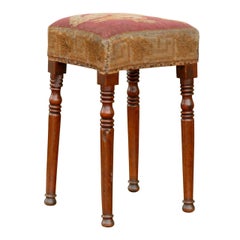 English Yew Wood Stool with Squirrel Themed Needlepoint Upholstery, circa 1860