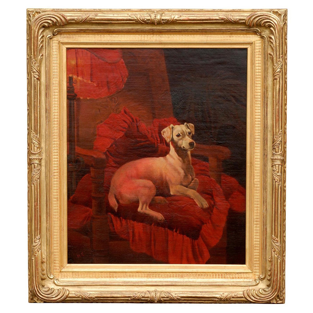 English Late 19th Century Vertical Oil Painting of a Dog Sitting in an Armchair For Sale