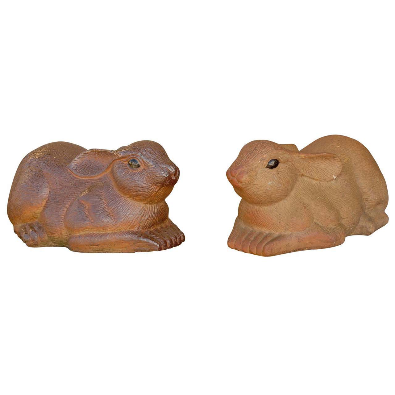 Pair of Large Painted Terracotta Rabbit Sculptures, 20th Century ...