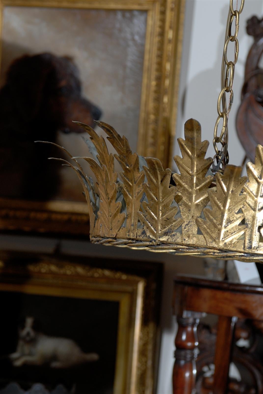 Frosted Vintage Spanish Gilt Metal Crown Chandelier with Tall Leaves Motifs, circa 1960