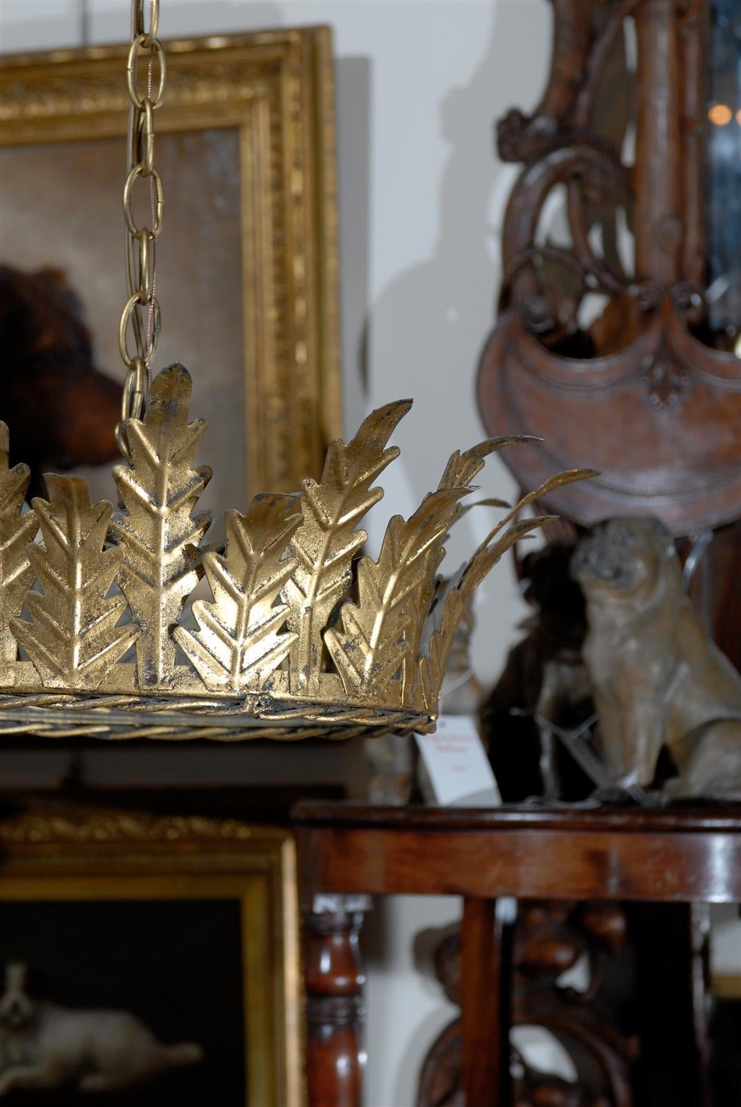 Vintage Spanish Gilt Metal Crown Chandelier with Tall Leaves Motifs, circa 1960 1