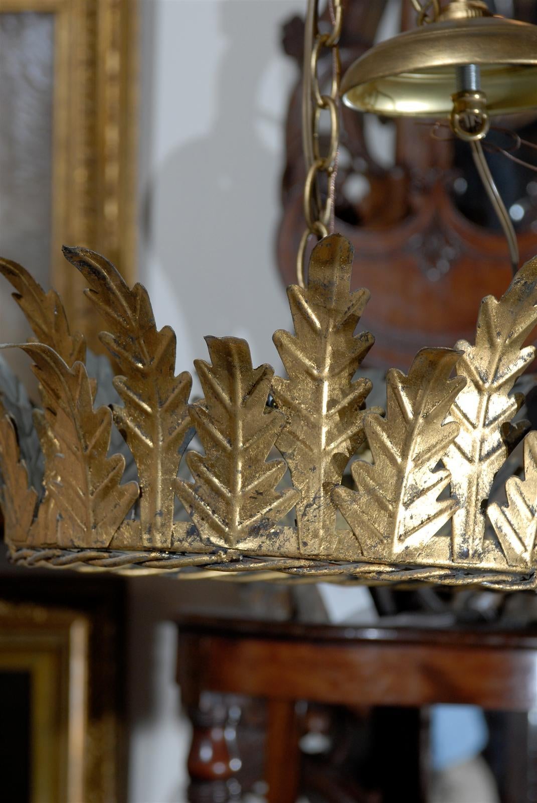 Vintage Spanish Gilt Metal Crown Chandelier with Tall Leaves Motifs, circa 1960 In Good Condition In Atlanta, GA