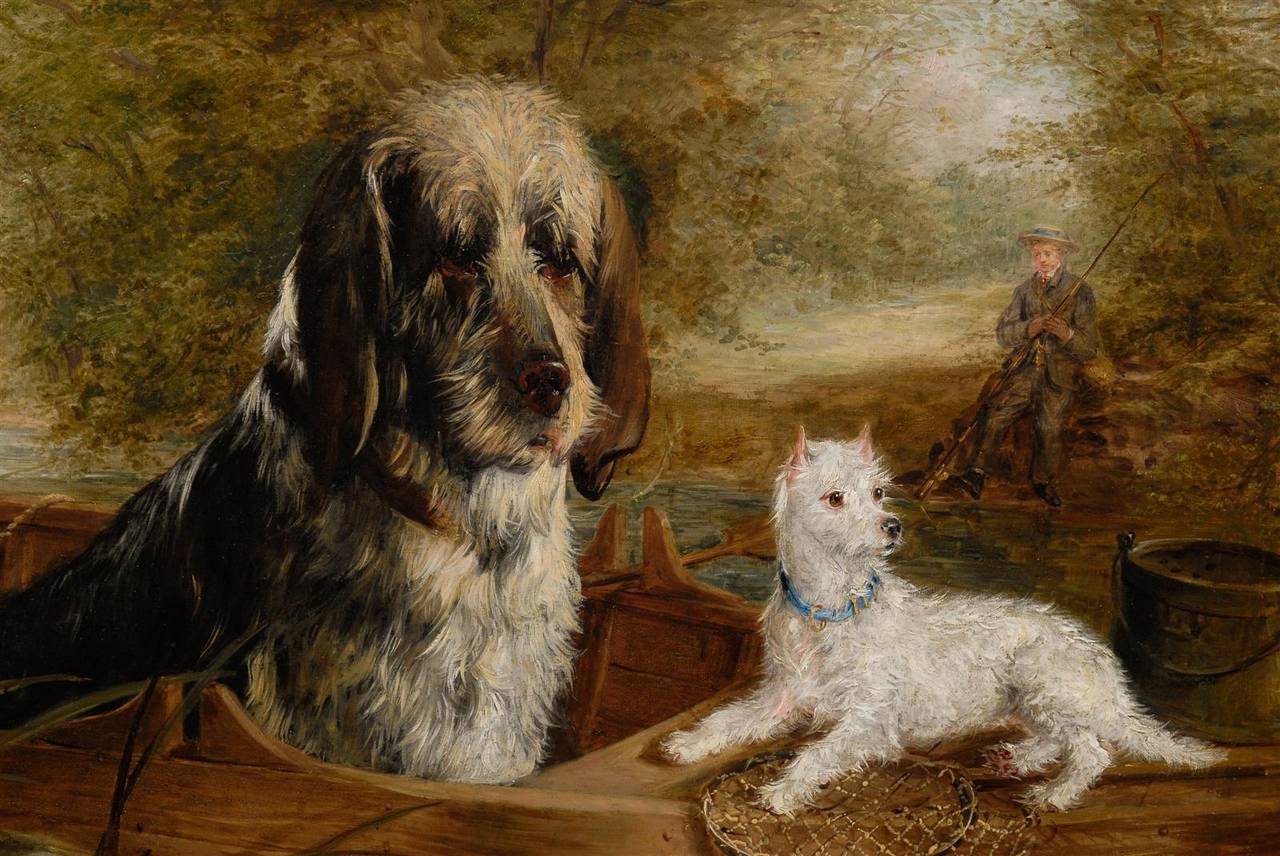 Peinture à l'huile anglaise signée Edwin Frederick Holt, intitulée « The Anglers Companions 3