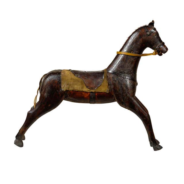 Vintage 1940s Folk Art Painted Iron Child Riding Horse Mounted on ...