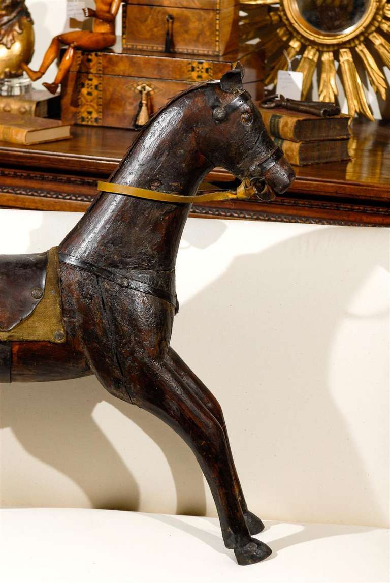 Mid-19th Century English Victorian Painted Wooden Horse with Leather Saddle 1
