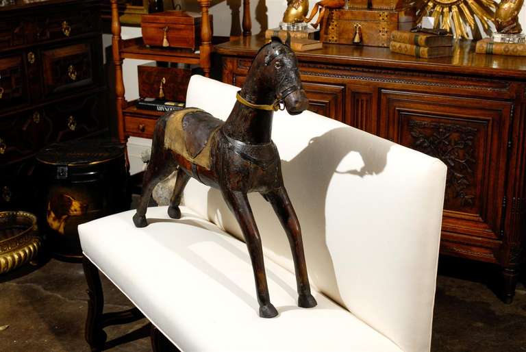 Mid-19th Century English Victorian Painted Wooden Horse with Leather Saddle 2
