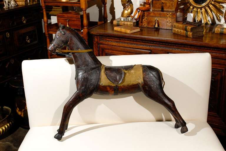 Mid-19th Century English Victorian Painted Wooden Horse with Leather Saddle 3