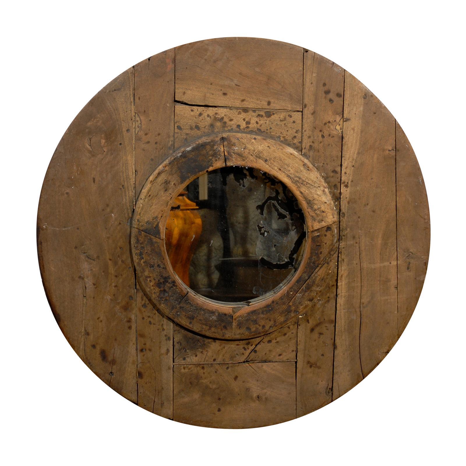 Italian Rustic Reclaimed Wood Planked Round Mirror from the Early 19th Century