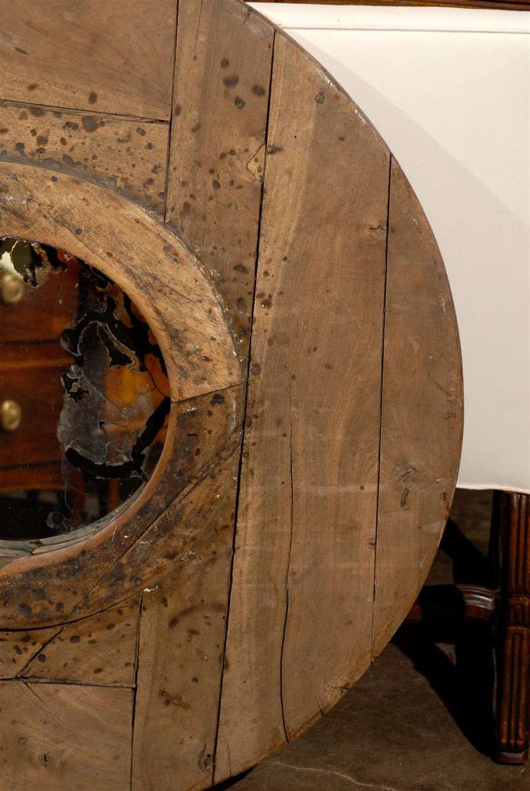 Italian Rustic Reclaimed Wood Planked Round Mirror from the Early 19th Century 2