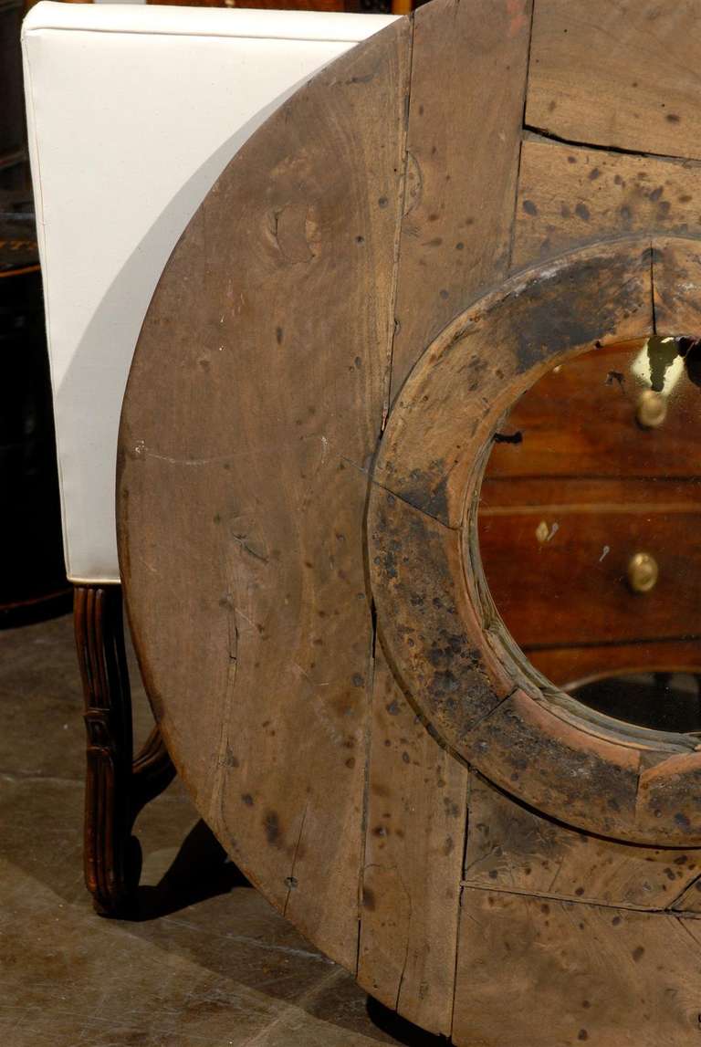 Italian Rustic Reclaimed Wood Planked Round Mirror from the Early 19th Century 3