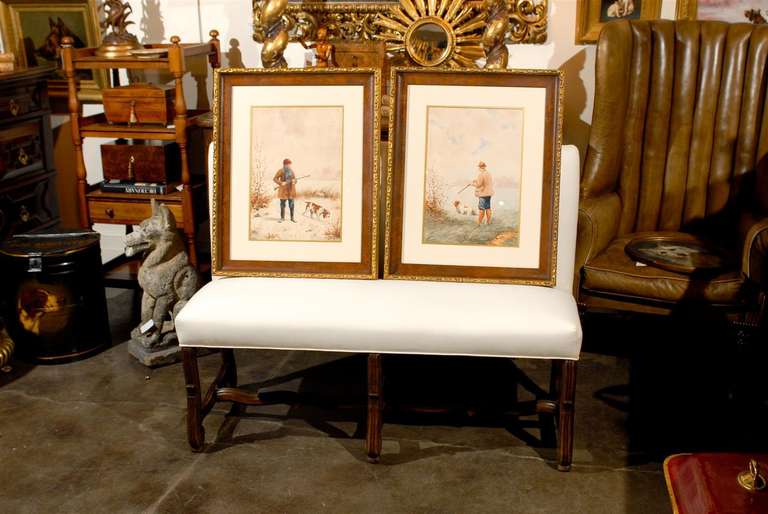 Pair of French Watercolor Paintings with Dogs and Hunters, Early 20th Century In Good Condition In Atlanta, GA