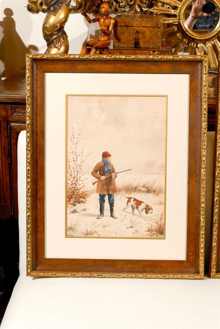 Giltwood Pair of French Watercolor Paintings with Dogs and Hunters, Early 20th Century
