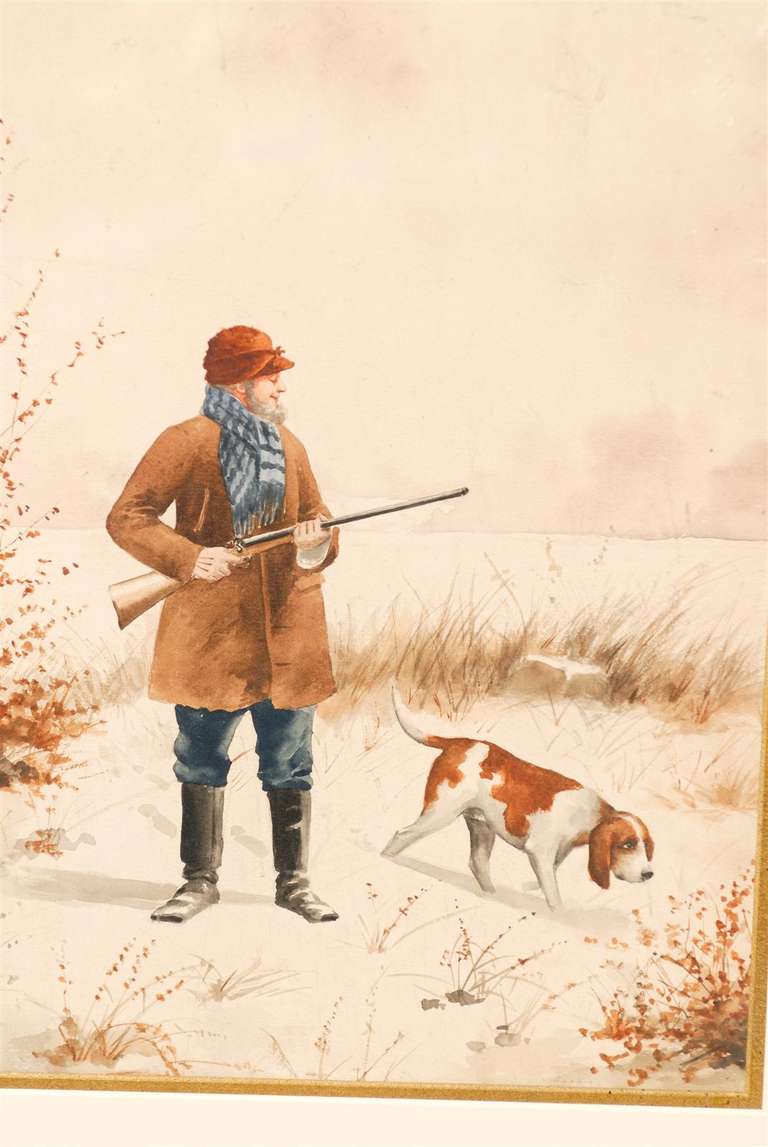 Pair of French Watercolor Paintings with Dogs and Hunters, Early 20th Century 3