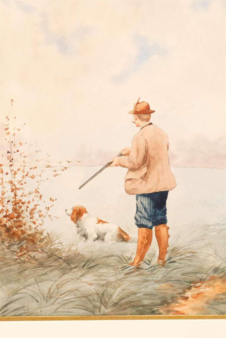 Pair of French Watercolor Paintings with Dogs and Hunters, Early 20th Century 4