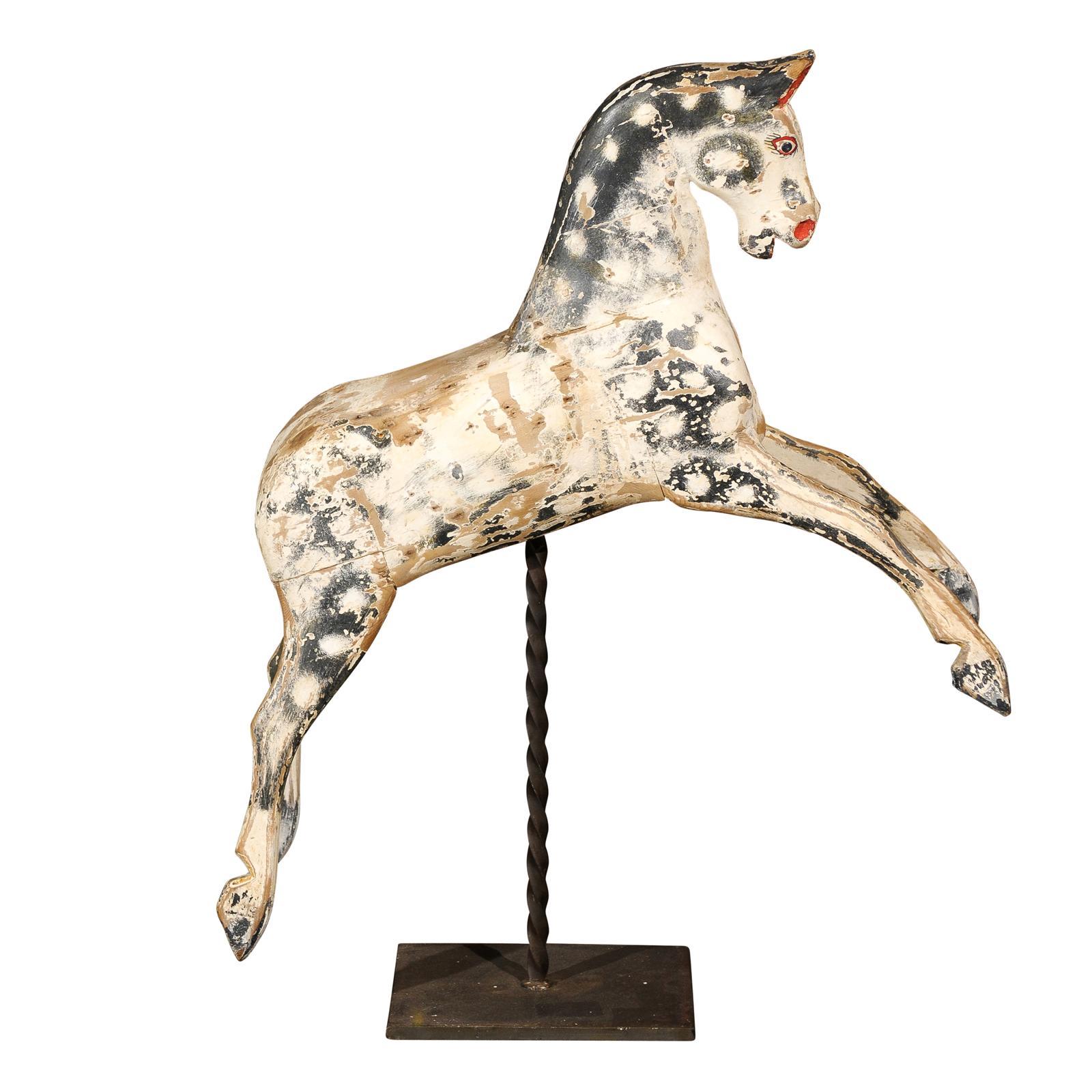 English Painted Wooden Horse Sculpture on Stand from the Mid-19th Century For Sale