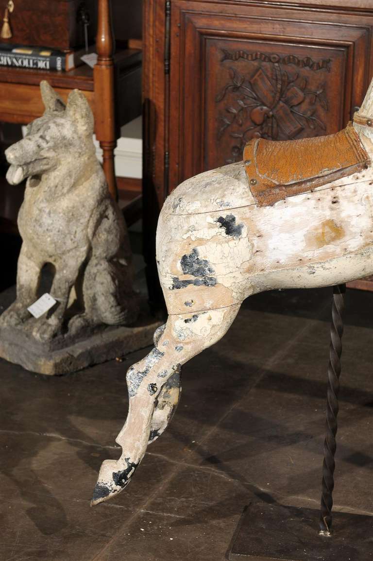 Iron English Late 19th Century Large Wooden Horse with Saddle on Twisted Metal Stand
