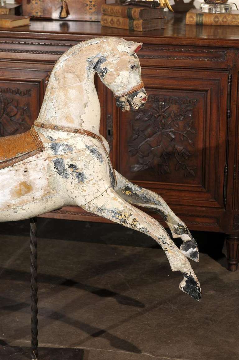 English Late 19th Century Large Wooden Horse with Saddle on Twisted Metal Stand In Good Condition In Atlanta, GA