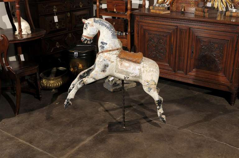 Painted English Late 19th Century Large Wooden Horse with Saddle on Twisted Metal Stand