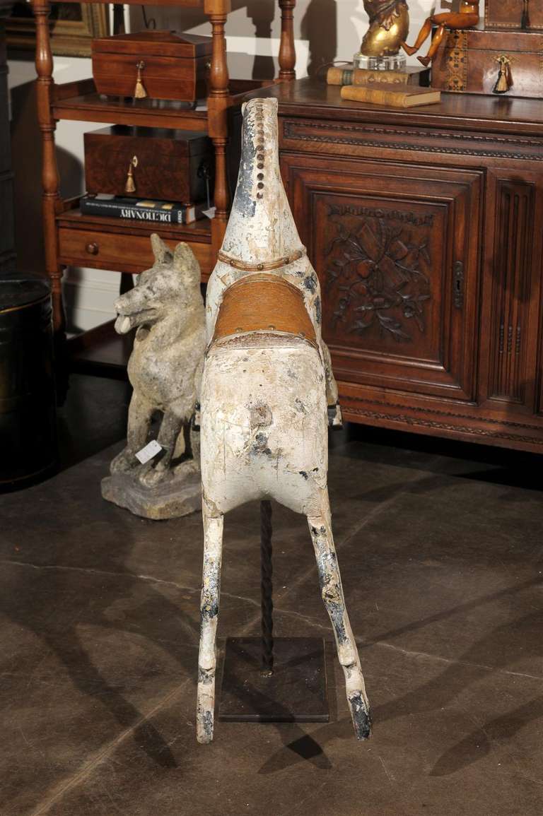 20th Century English Late 19th Century Large Wooden Horse with Saddle on Twisted Metal Stand